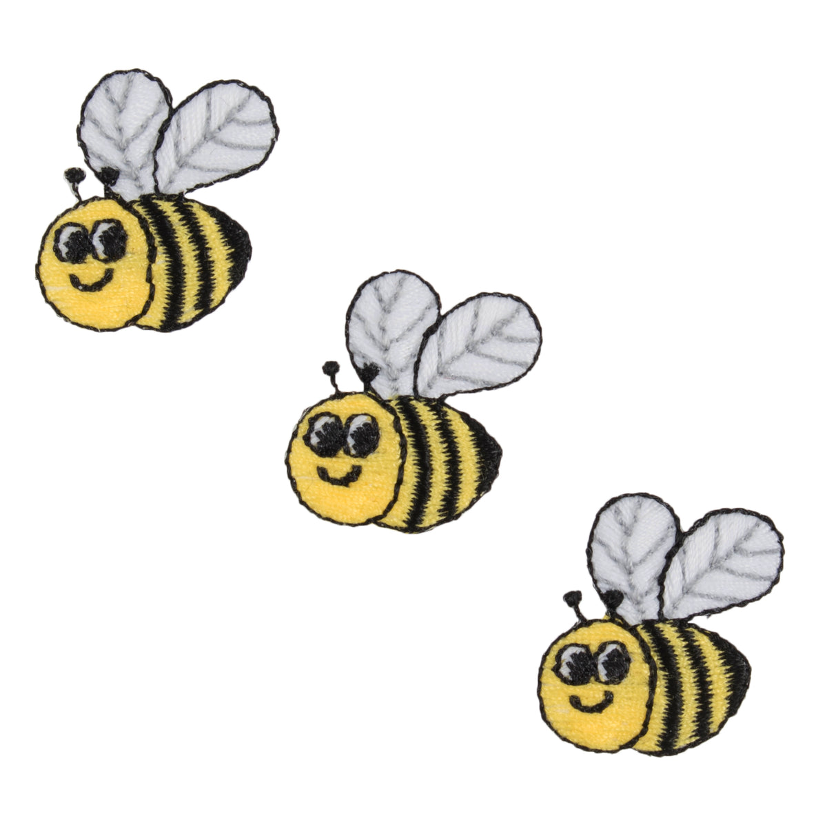 Three small embroidered yellow and black bee motifs