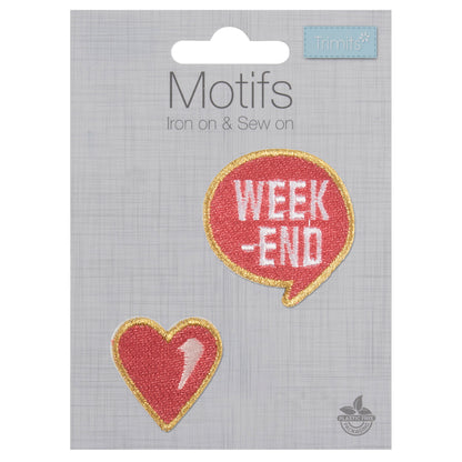 Coral pink heart and Weekend speech bubble motifs with gold edging