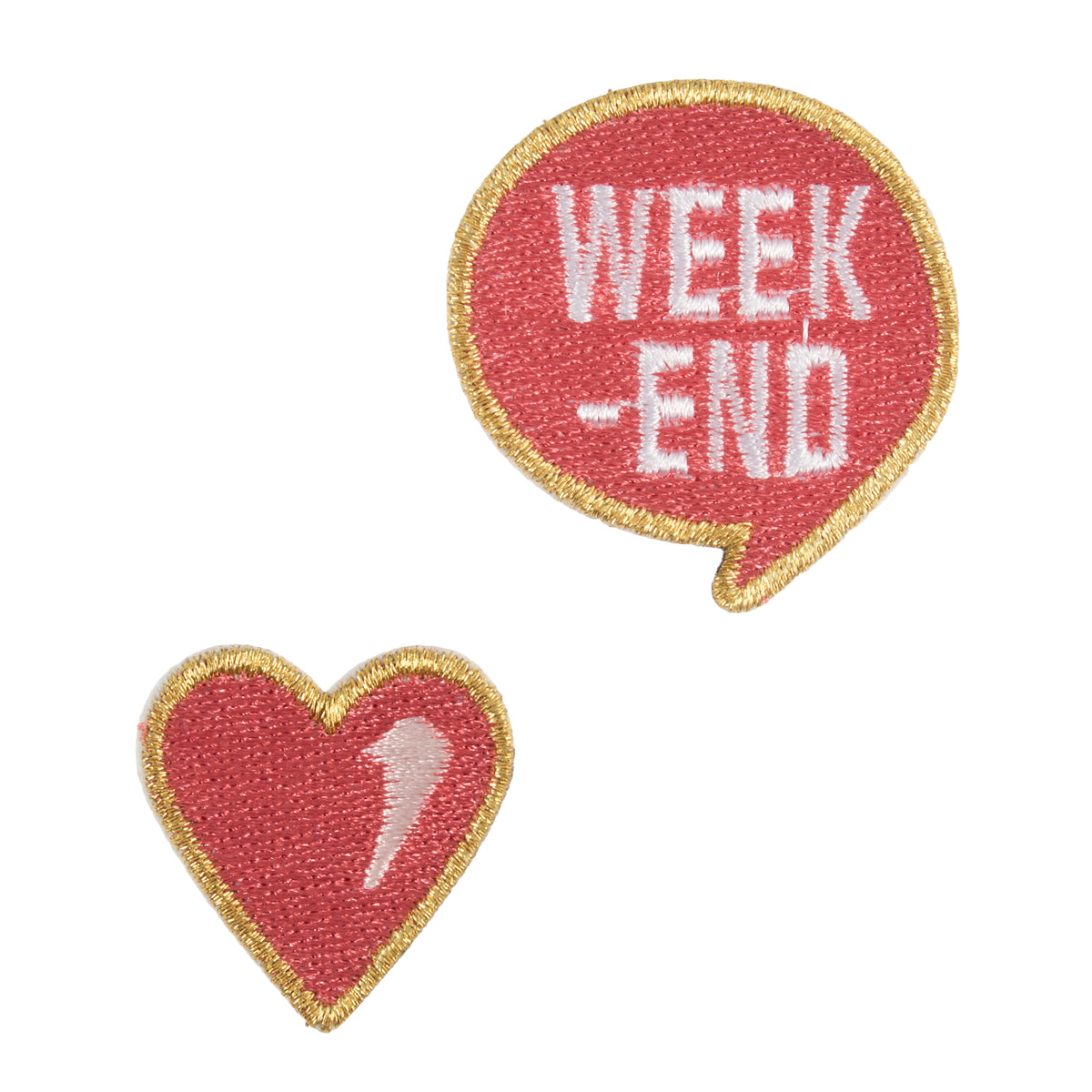 Coral pink heart and Weekend speech bubble motifs with gold edging