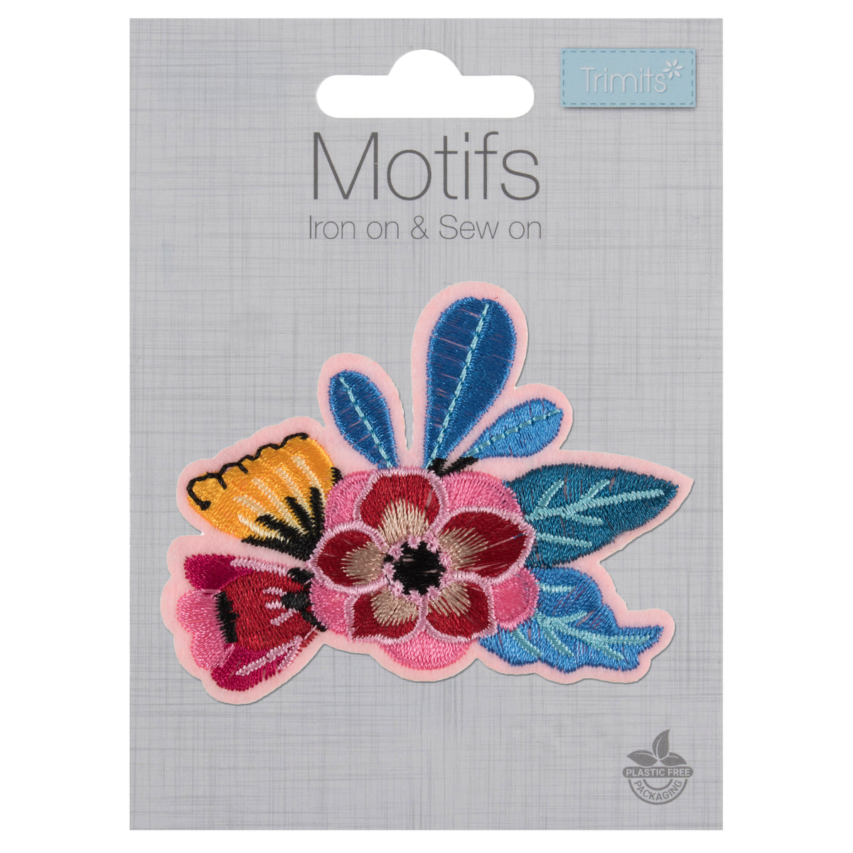 Embroidered flower spray motif with pink flowers and blue leaves