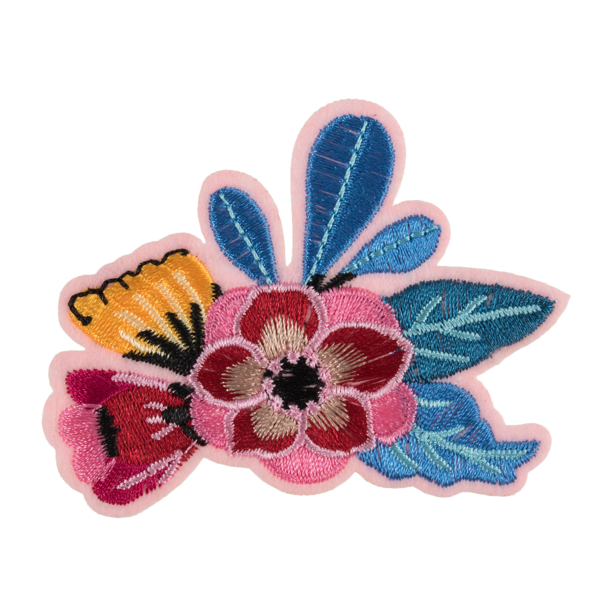 Embroidered flower spray motif with pink flowers and blue leaves