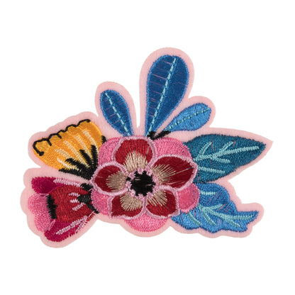 Embroidered flower spray motif with pink flowers and blue leaves
