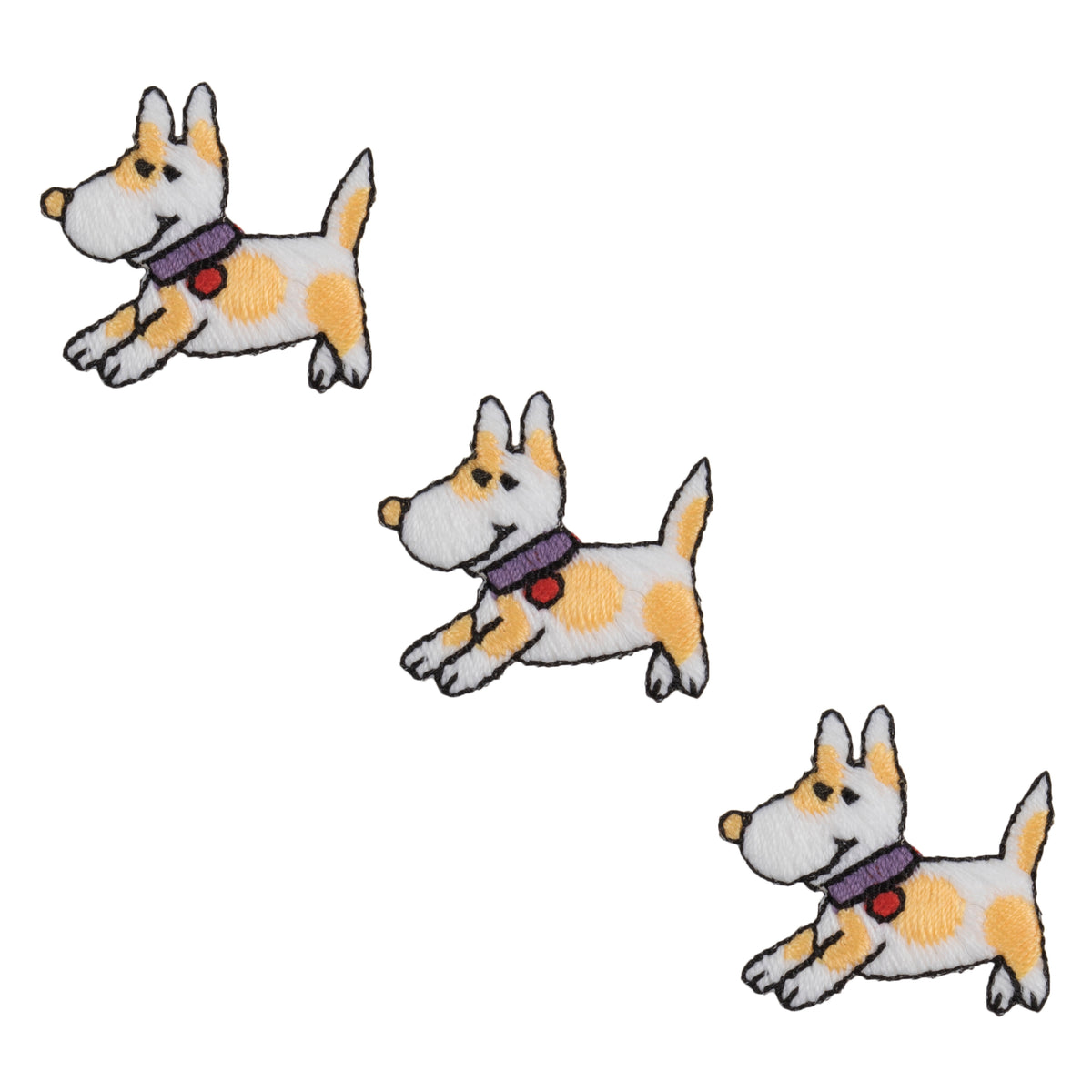 Three small embroidered dog motifs in white and tan