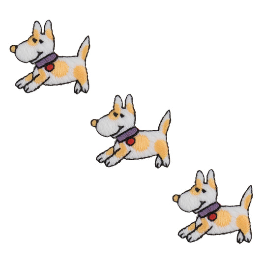 Three small embroidered dog motifs in white and tan