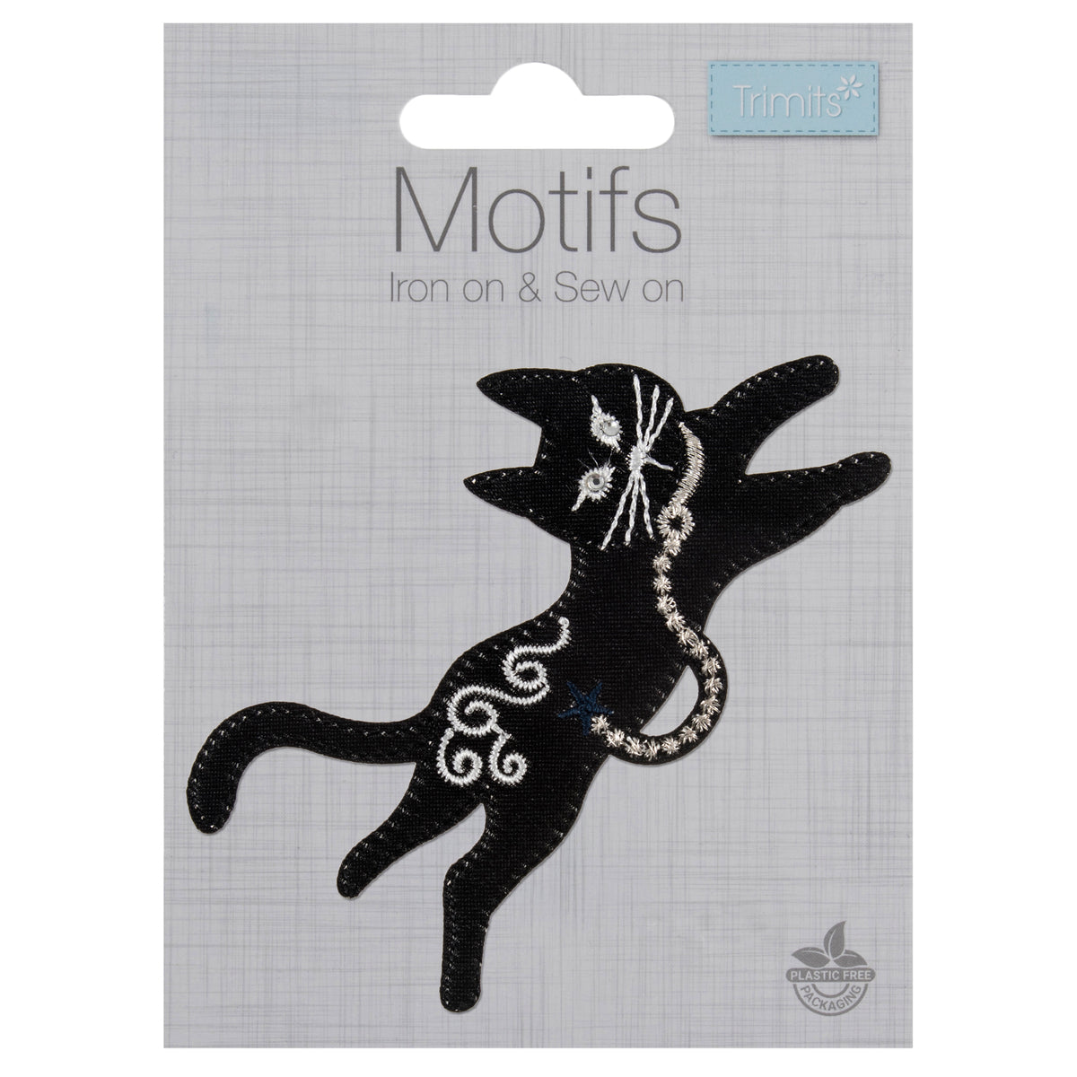 Leaping black cat motif with silver embroidery and sparkly eyes