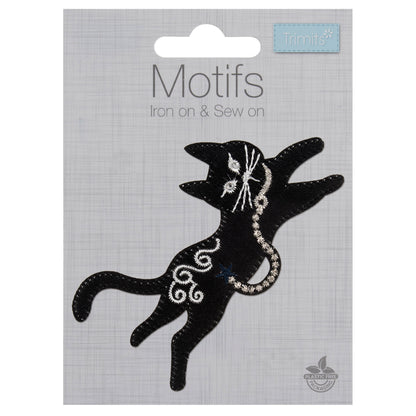 Leaping black cat motif with silver embroidery and sparkly eyes