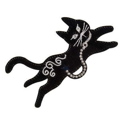 Leaping black cat motif with silver embroidery and sparkly eyes