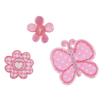 Pink embroidered butterfly motif with two pink flower motifs