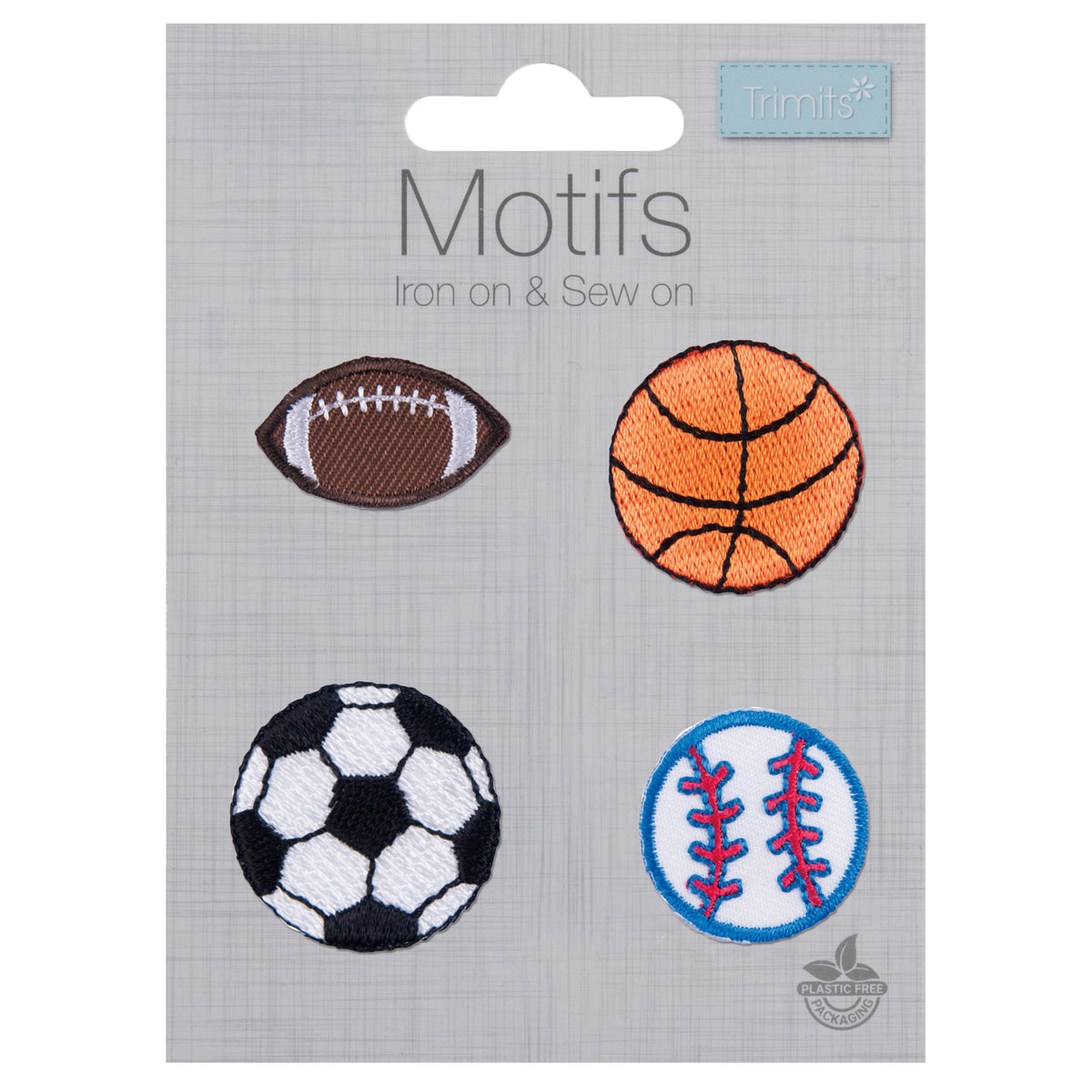 Four embroidered sports ball motifs - football, basketball, baseball and American football