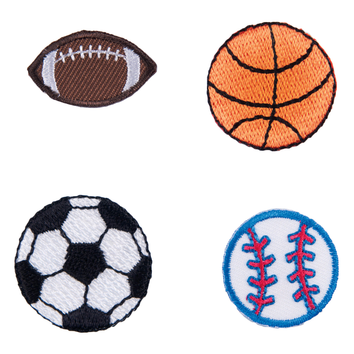Four embroidered sports ball motifs - football, basketball, baseball and American football