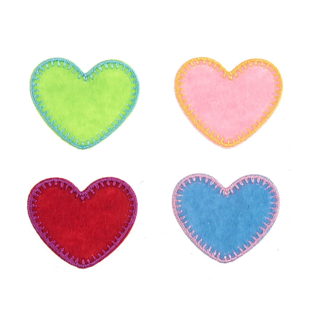 Four heart motifs in green, pink, red and blue