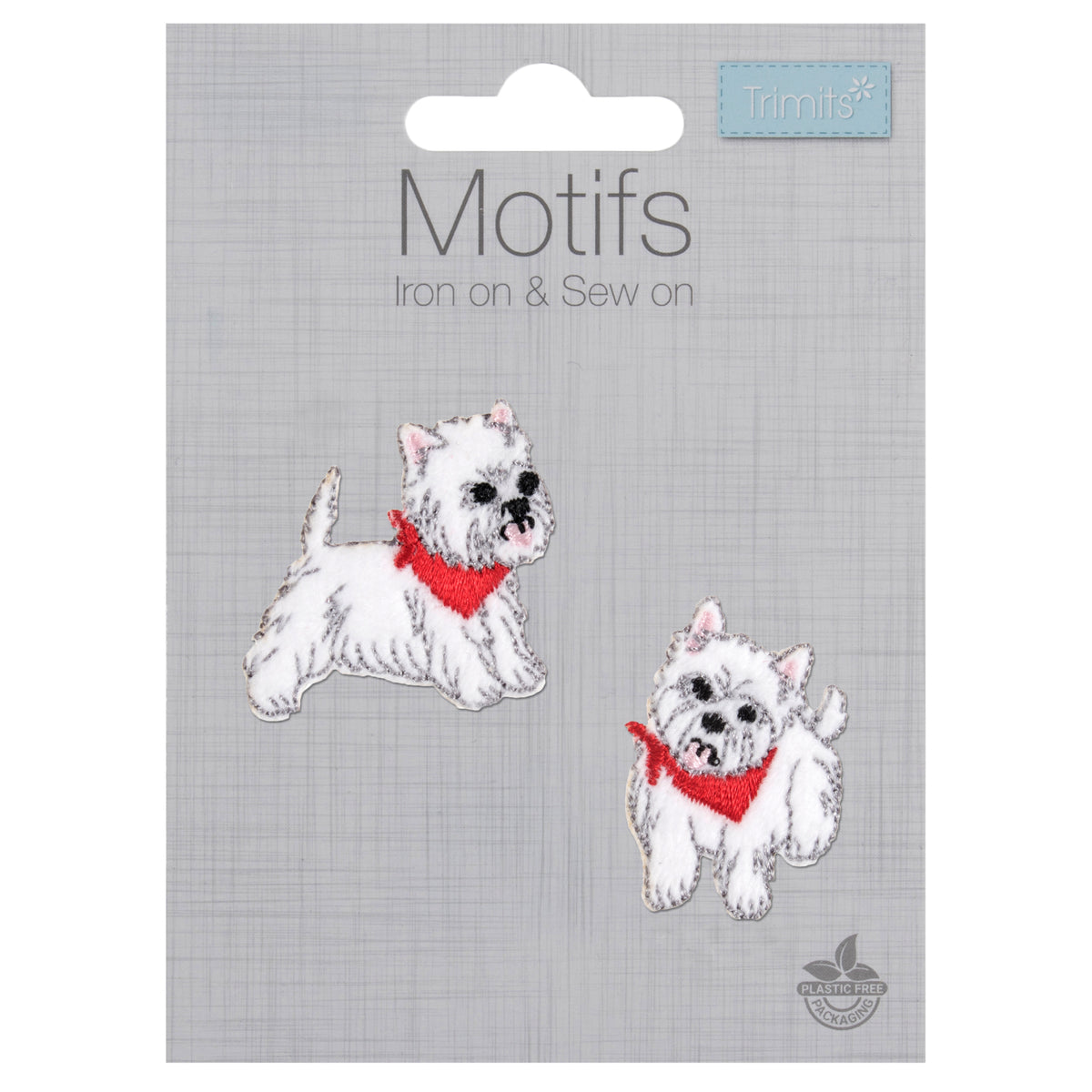 Two embroidered white Westie dog iron-on motifs