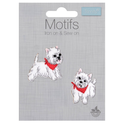 Two embroidered white Westie dog iron-on motifs
