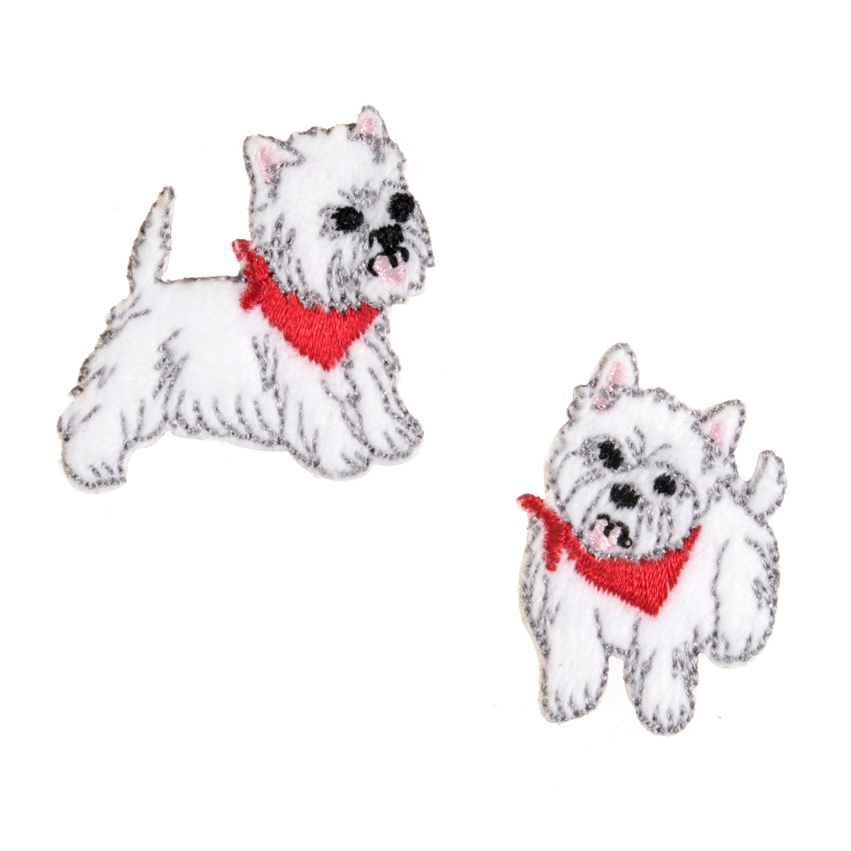 Two embroidered white Westie dog iron-on motifs