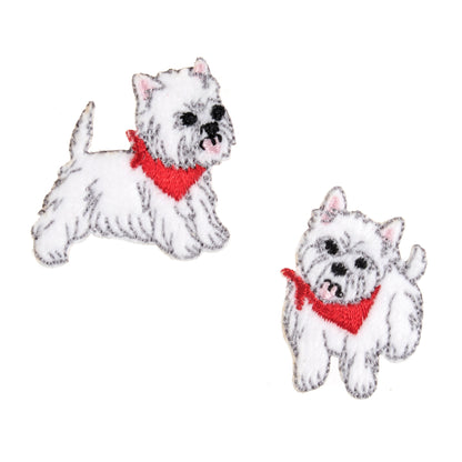 Two embroidered white Westie dog iron-on motifs