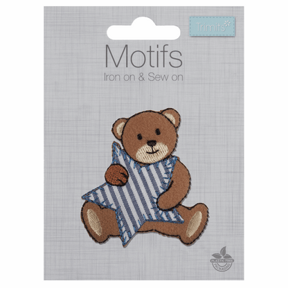 Iron-On/Sew On Motif Patch - Bear with Blue Stripe Star