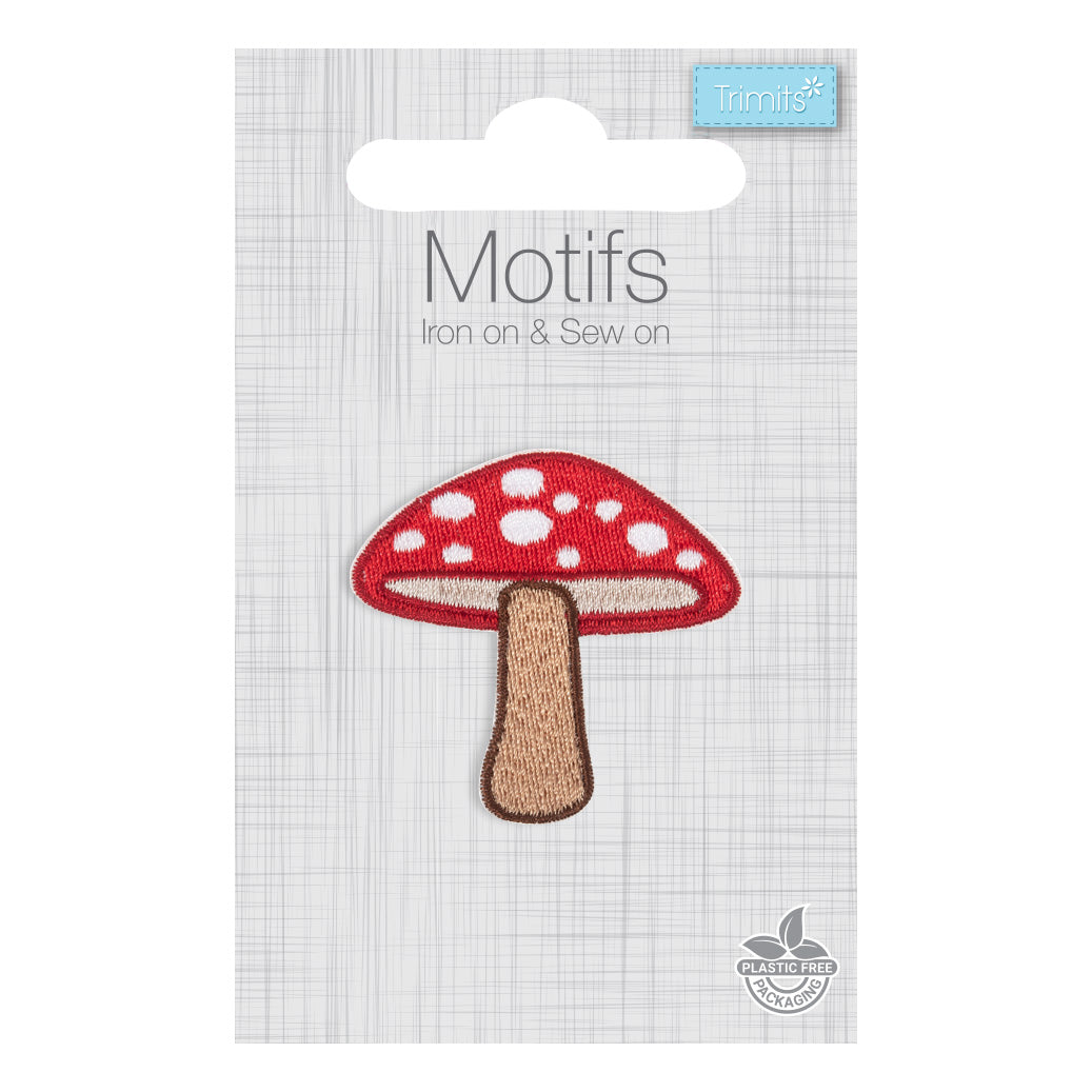 Embroidered red and white toadstool iron-on motif