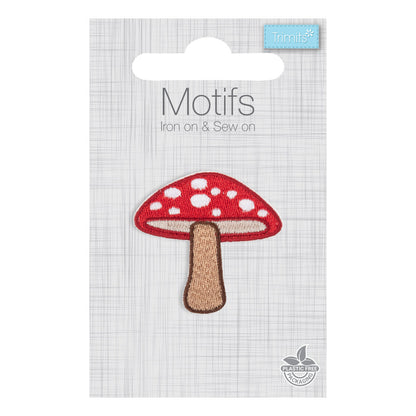 Embroidered red and white toadstool iron-on motif