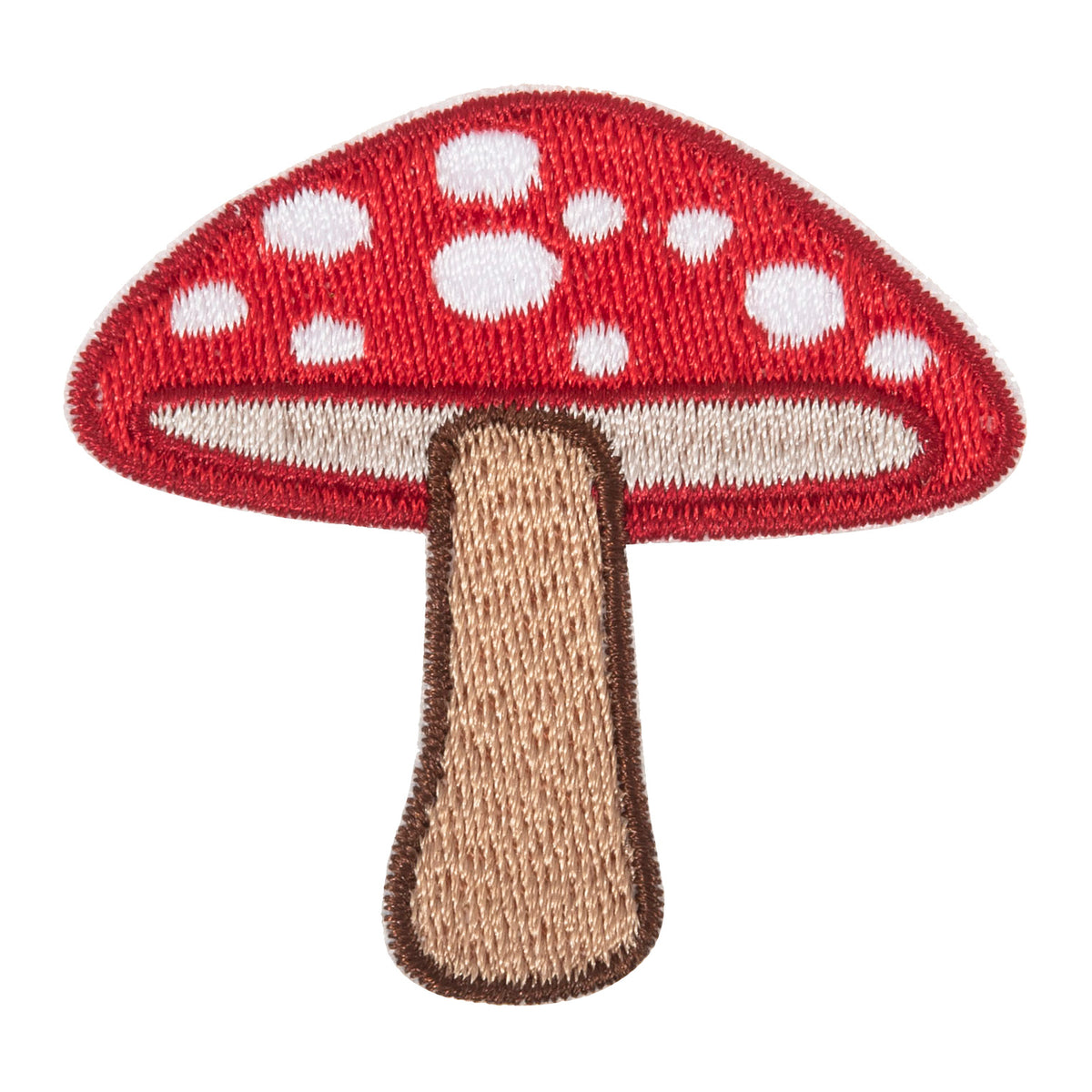 Embroidered red and white toadstool iron-on motif