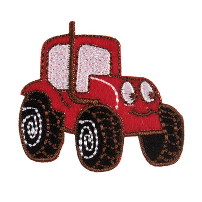 Embroidered red tractor motif