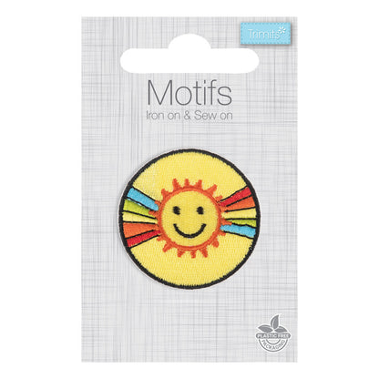Embroidered yellow sun iron-on motif