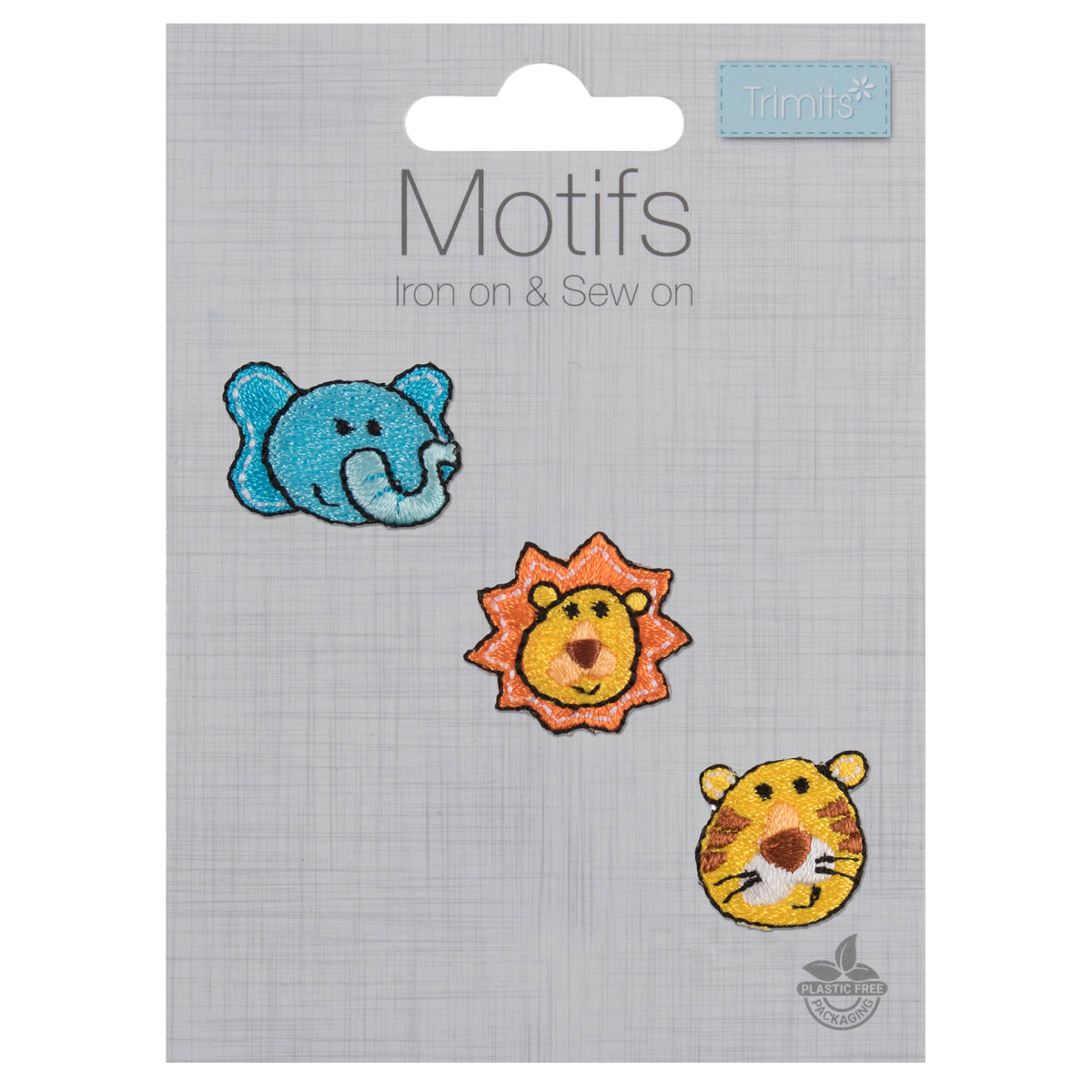 Three small embroidered lion, tiger and elephant face motifs