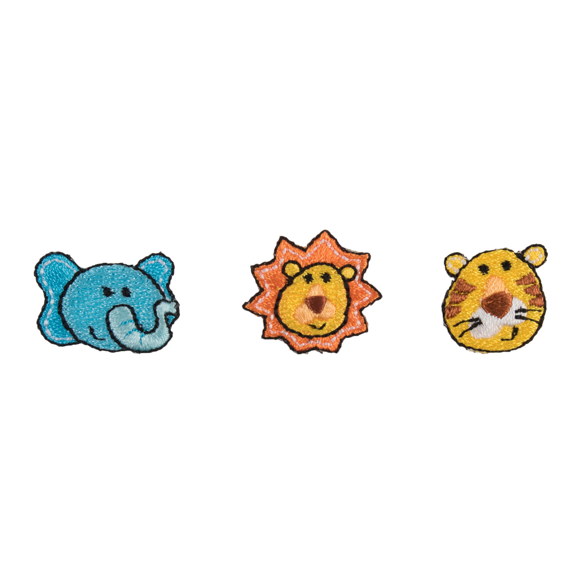 Three small embroidered lion, tiger and elephant face motifs