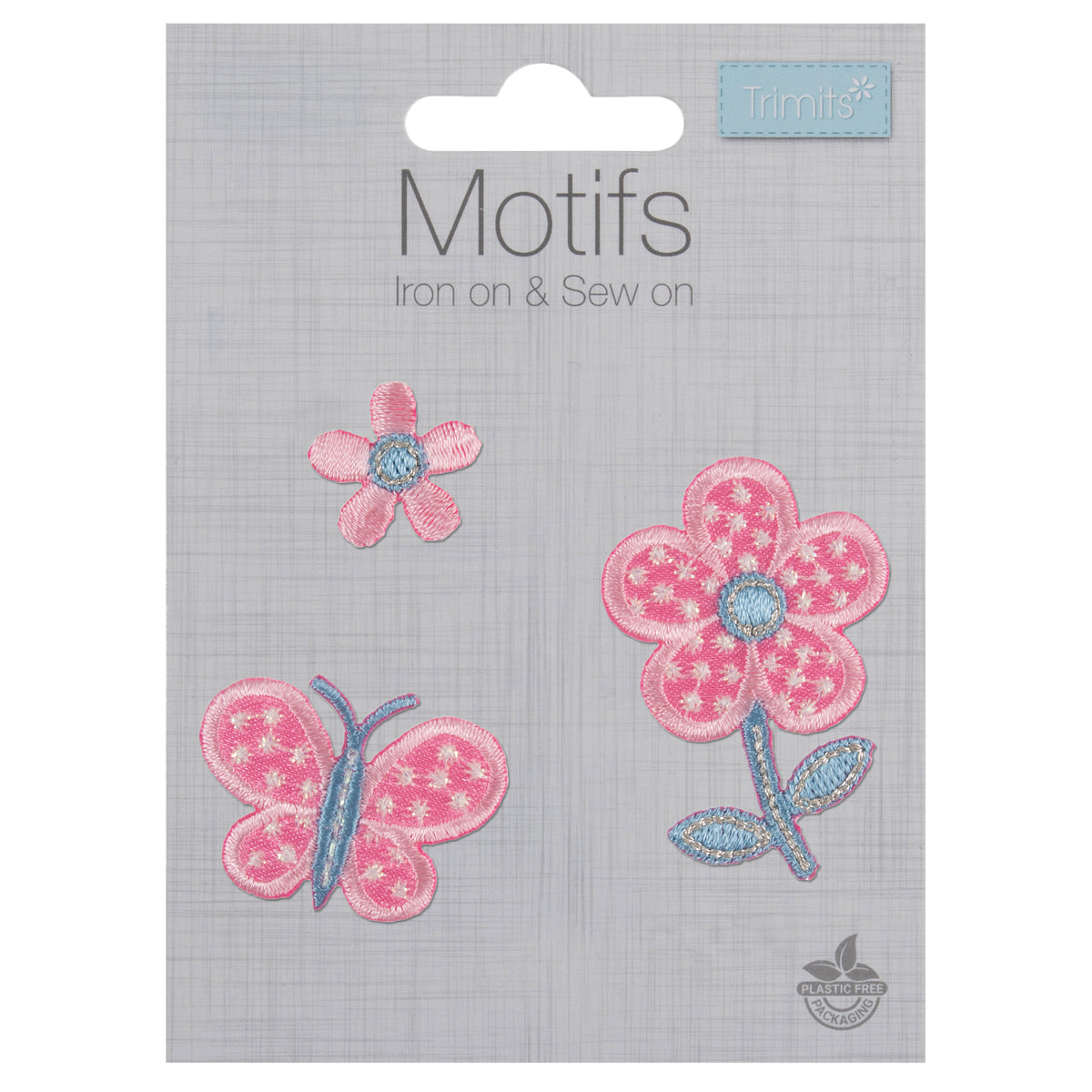 Three pink embroidered motifs - small flower, butterfly and flower on a stem