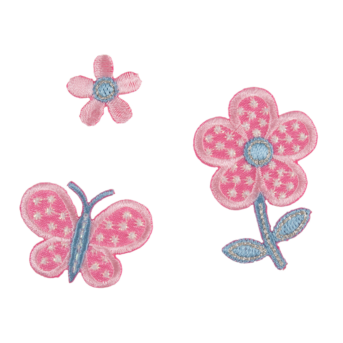 Three pink embroidered motifs - small flower, butterfly and flower on a stem
