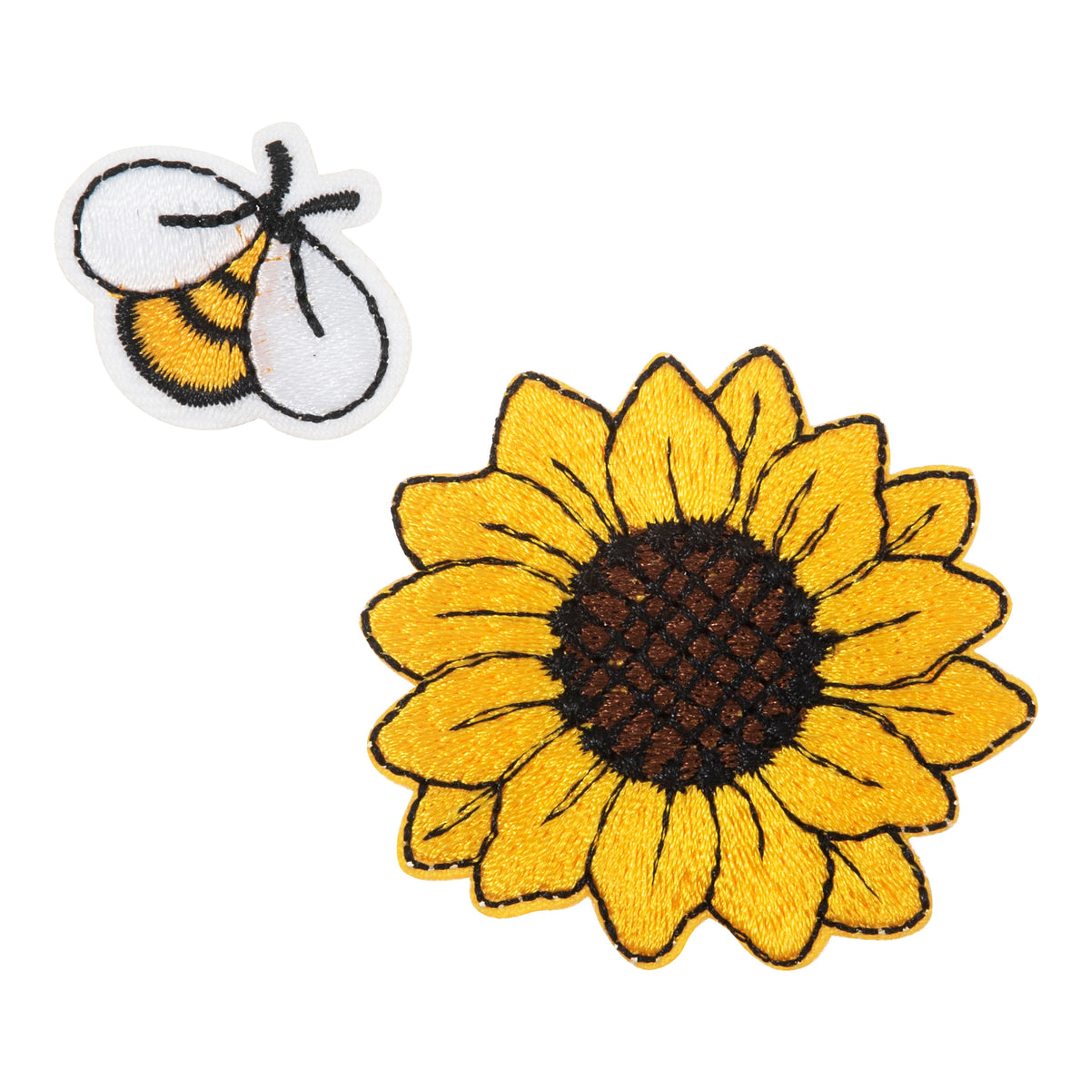Embroidered yellow sunflower and bee iron-on motifs