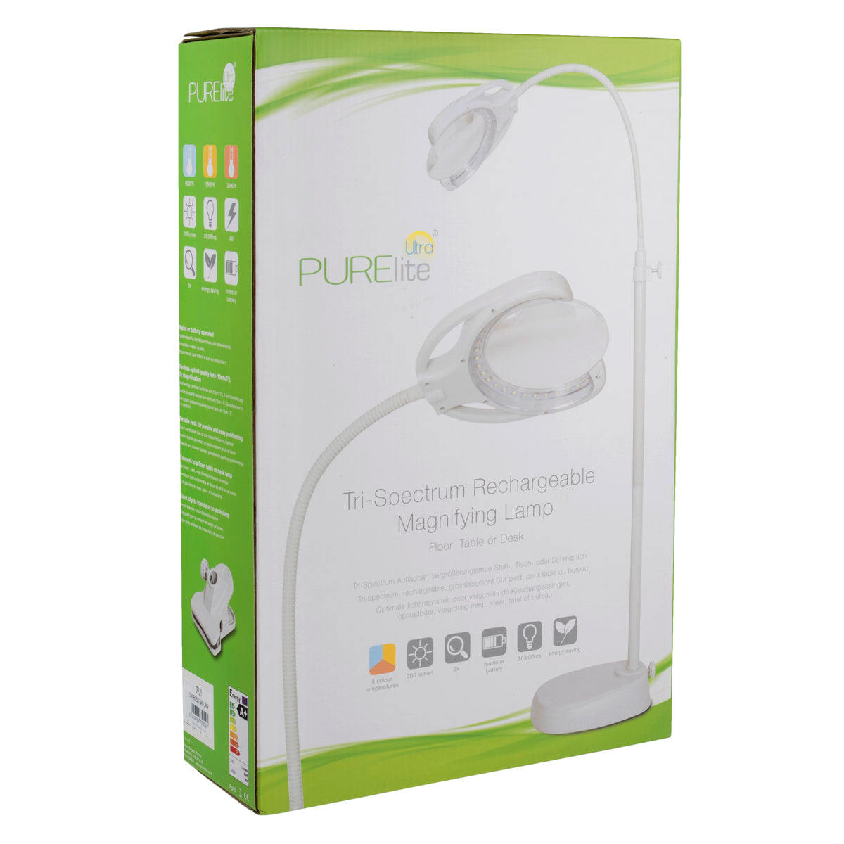 PURElite LED magnifying lamp with rimless lens on a floor stand