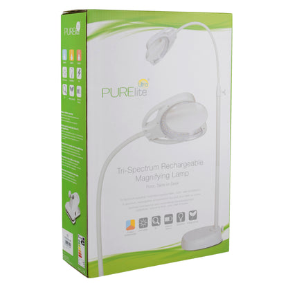 PURElite LED magnifying lamp with rimless lens on a floor stand