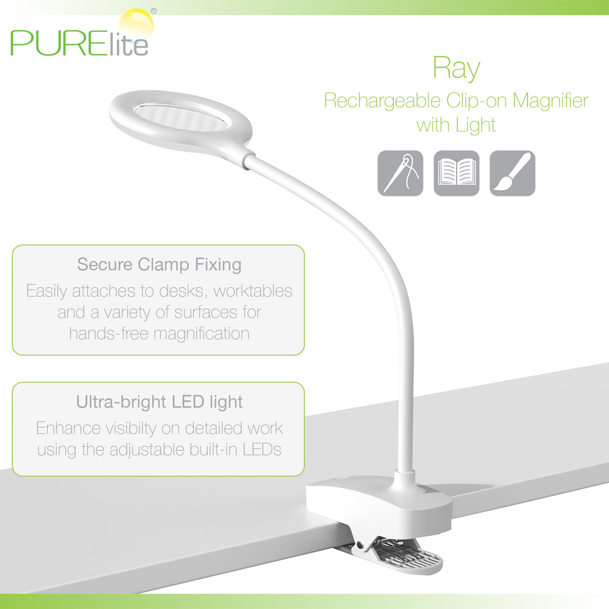 PURElite Ray clip-on magnifying light with gooseneck