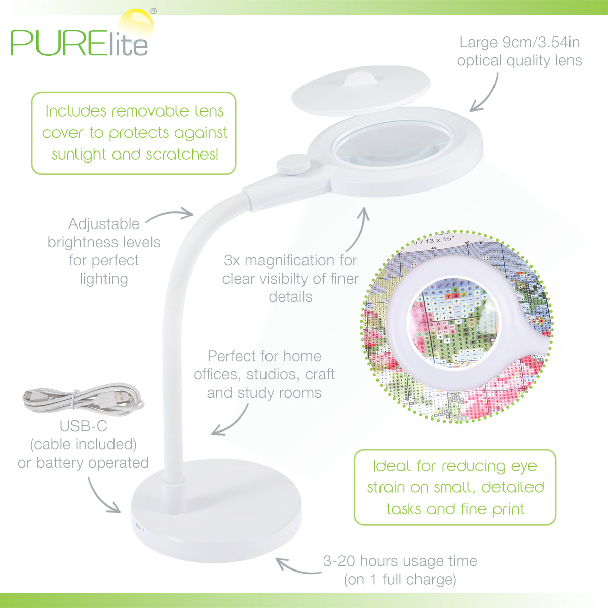 PURElite Aura magnifying table lamp with gooseneck