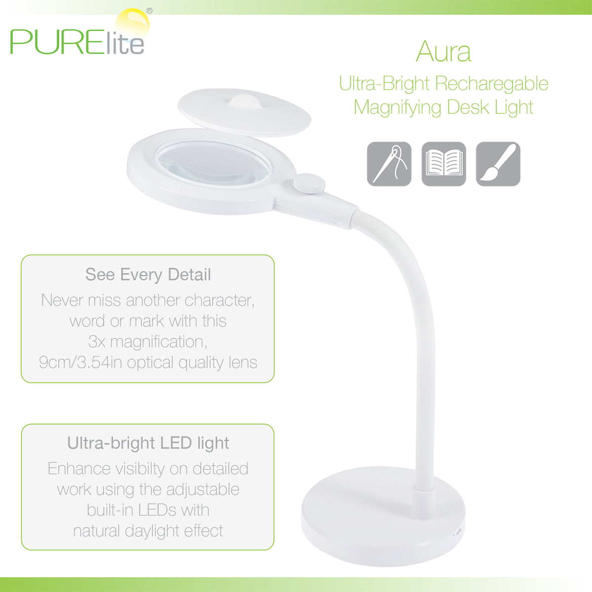 PURElite Aura magnifying table lamp with gooseneck