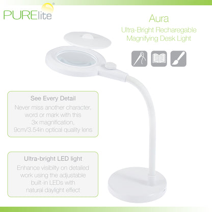 PURElite Aura magnifying table lamp with gooseneck