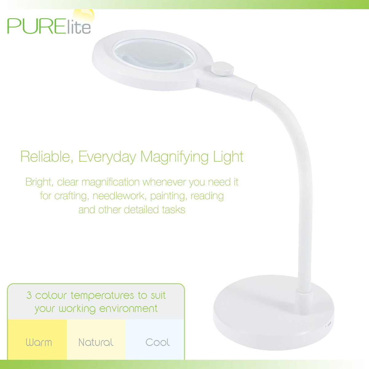 PURElite Aura magnifying table lamp with gooseneck