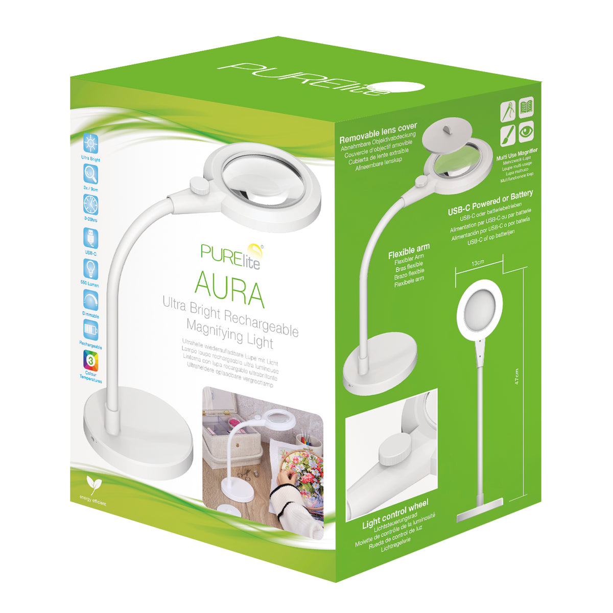 PURElite Aura magnifying table lamp with gooseneck
