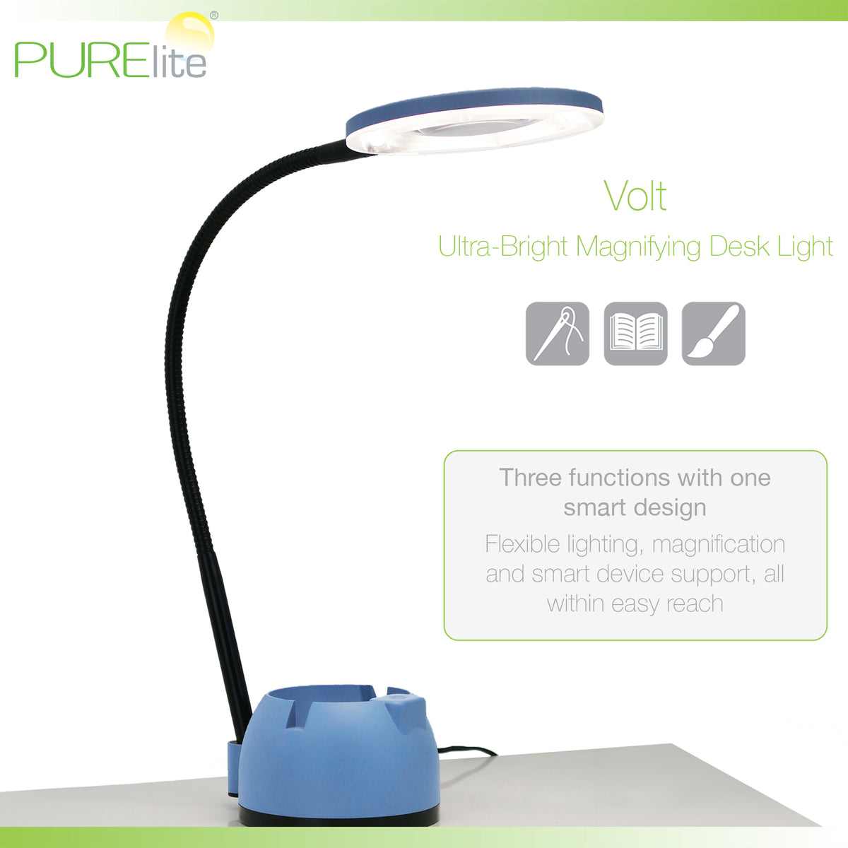 PURElite Volt magnifying table lamp with phone stand base