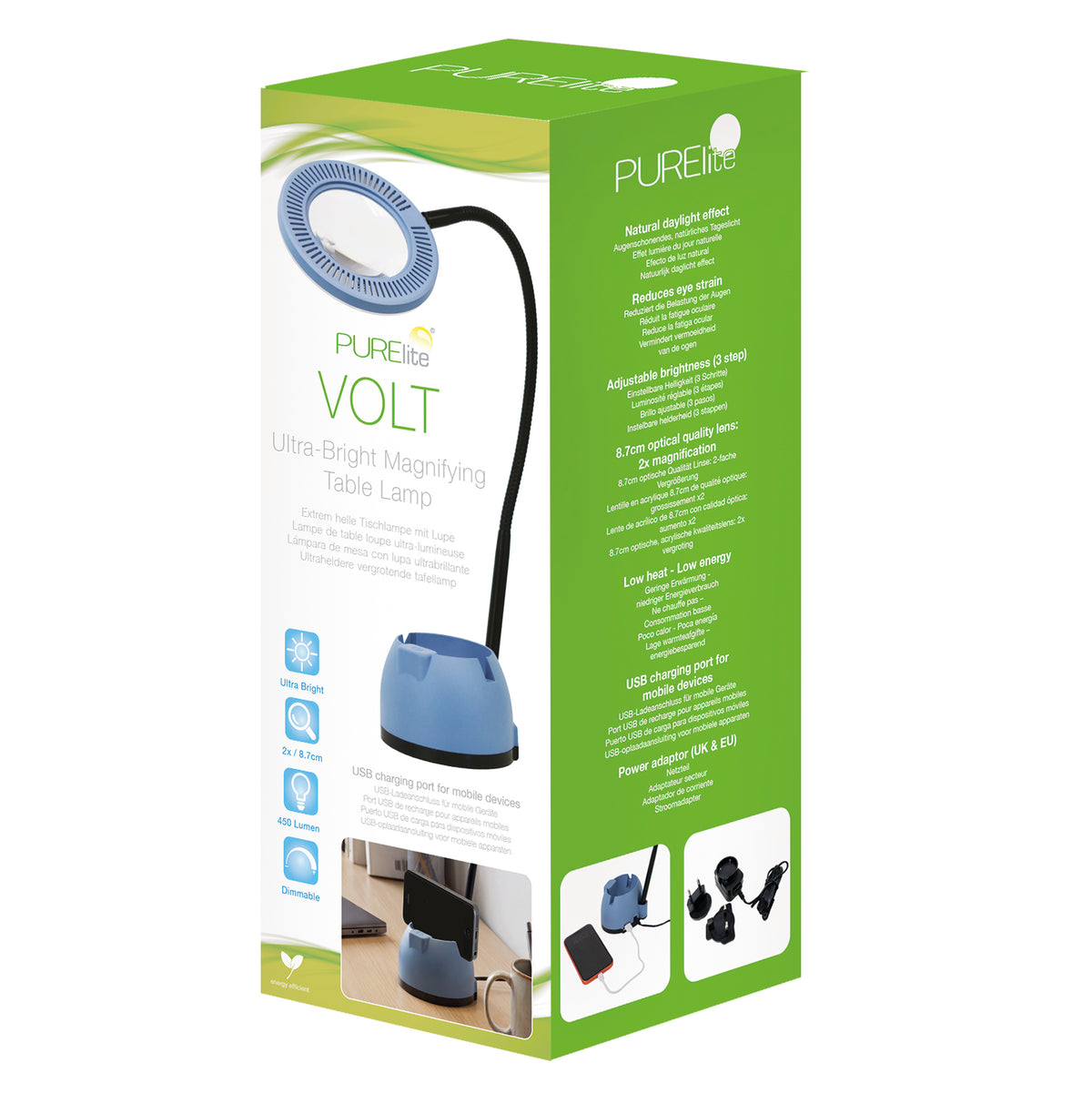 PURElite Volt magnifying table lamp with phone stand base