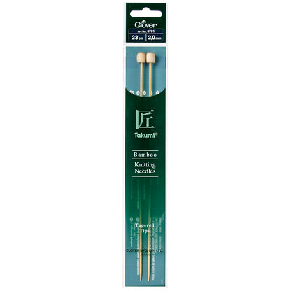 Pair of Clover Takumi bamboo knitting needles, 23cm x 2mm, in green packaging