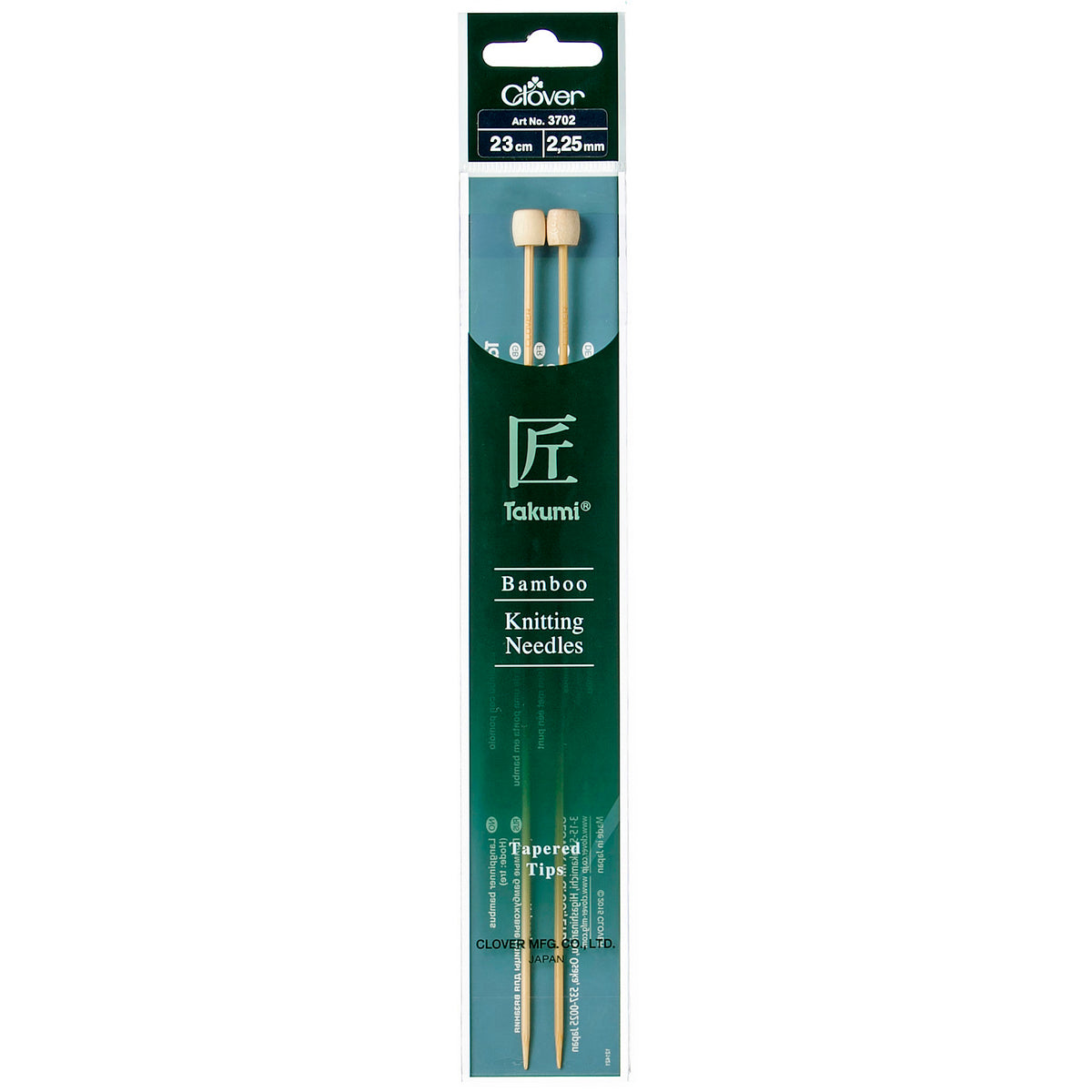 Pair of Clover Takumi bamboo knitting needles, 23cm x 2.25mm, in green packaging