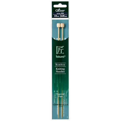 Pair of Clover Takumi bamboo knitting needles, 23cm x 2.25mm, in green packaging