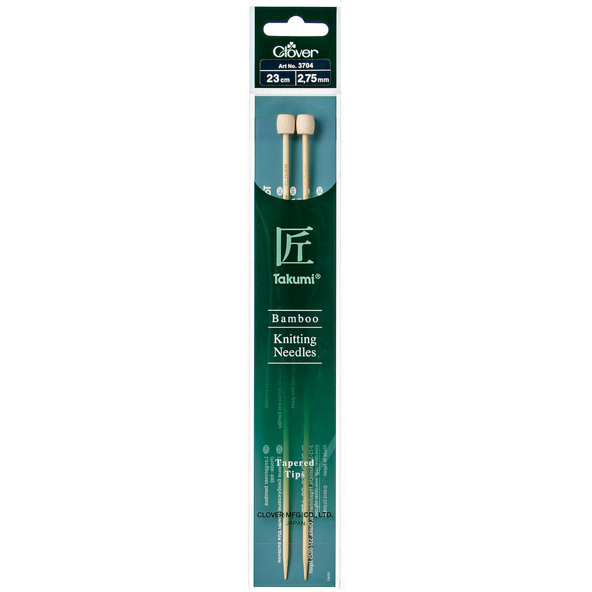 Pair of Clover Takumi bamboo knitting needles, 23cm x 2.75mm, in green packaging
