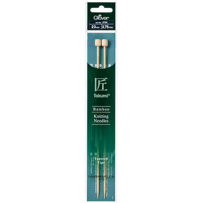 Pair of Clover Takumi bamboo knitting needles, 23cm x 2.75mm, in green packaging