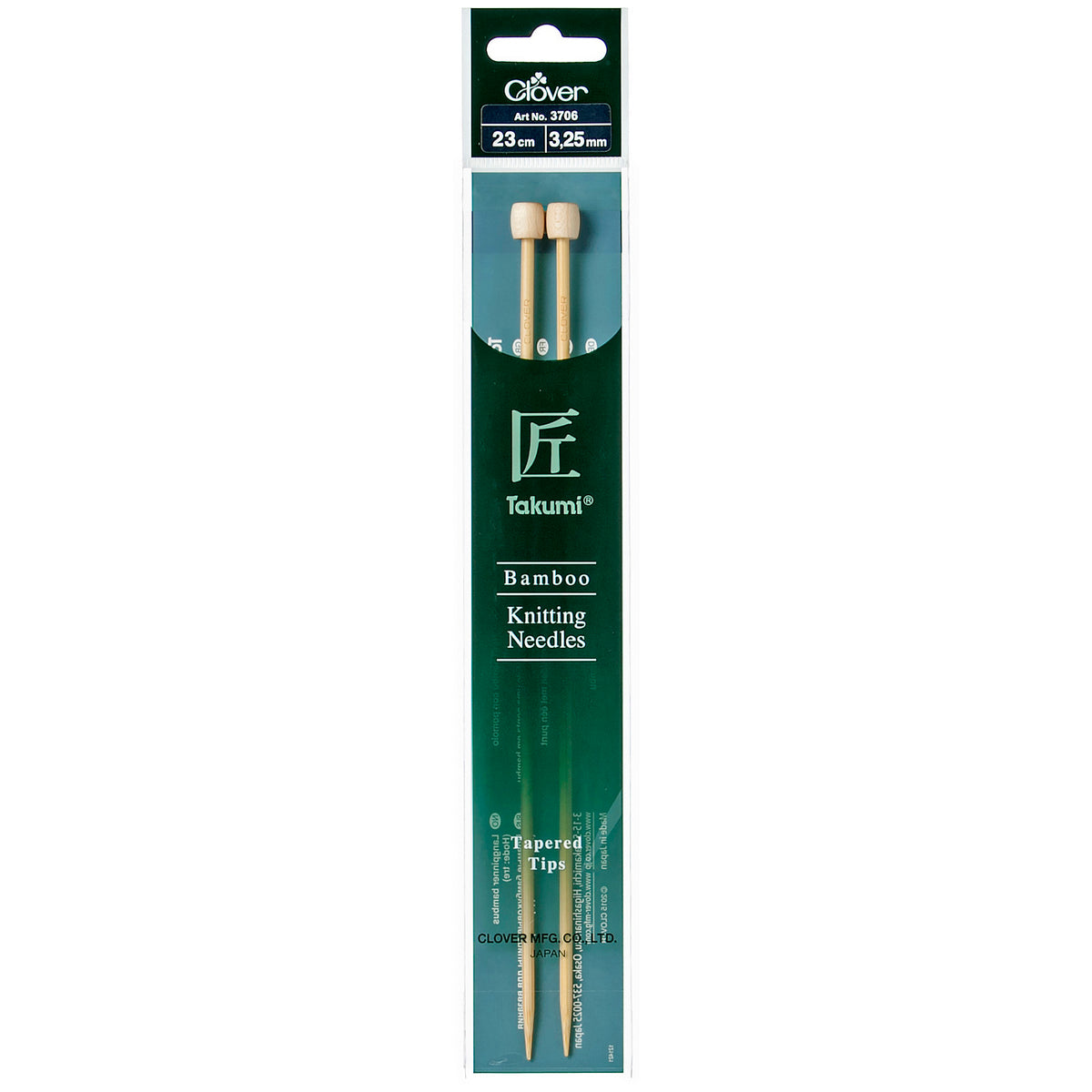 Pair of Clover Takumi bamboo knitting needles, 23cm x 3.25mm, in green packaging