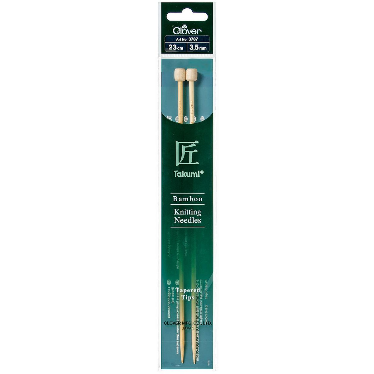 Pair of Clover Takumi bamboo knitting needles, 23cm x 3.5mm, in green packaging