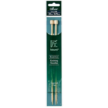Pair of Clover Takumi bamboo knitting needles, 23cm x 3.75mm, in green packaging