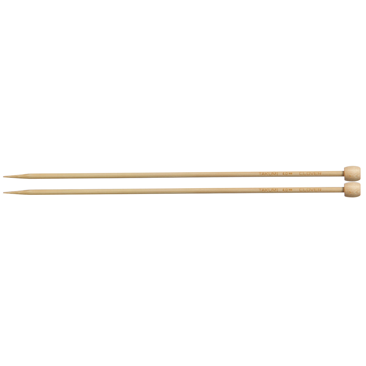 Pair of Clover Takumi bamboo knitting needles, 23cm x 4mm, in green packaging