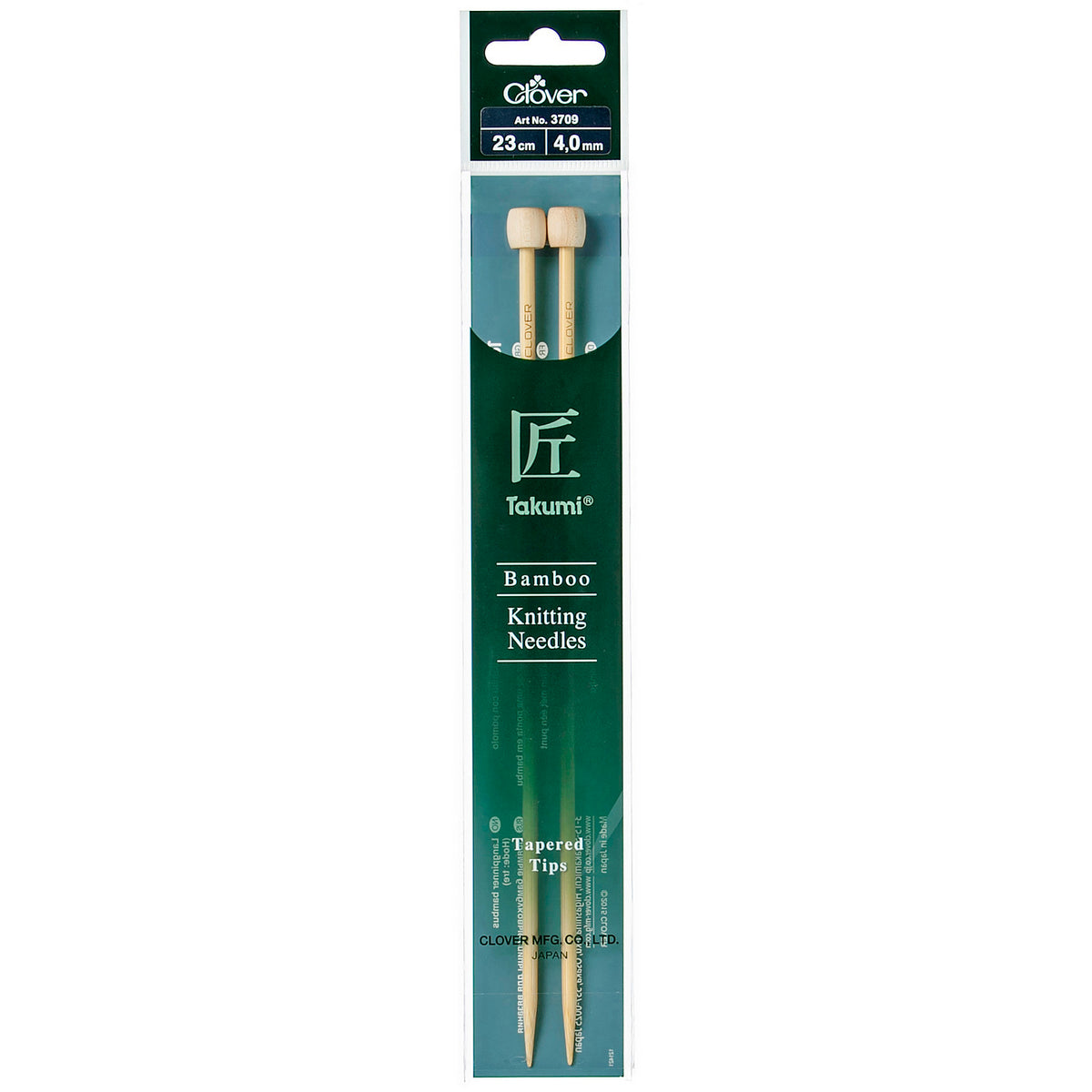Pair of Clover Takumi bamboo knitting needles, 23cm x 4mm, in green packaging
